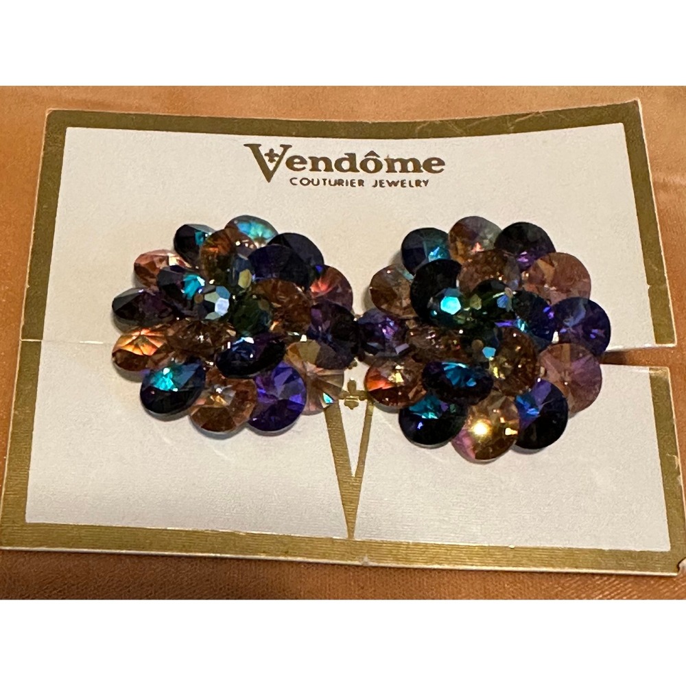 Vintage Vendome Blue & Citrine AB Crystal Rivoli Clip on Earrings 1.5"‎